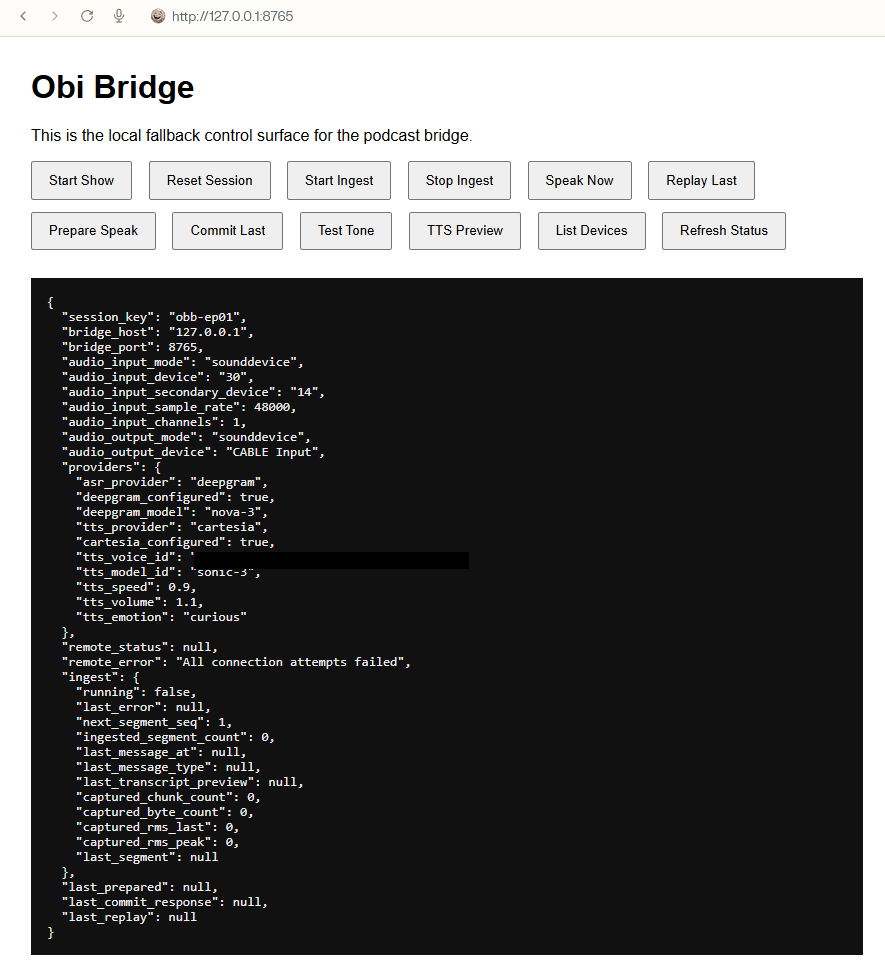 Obi live podcast bridge interface
